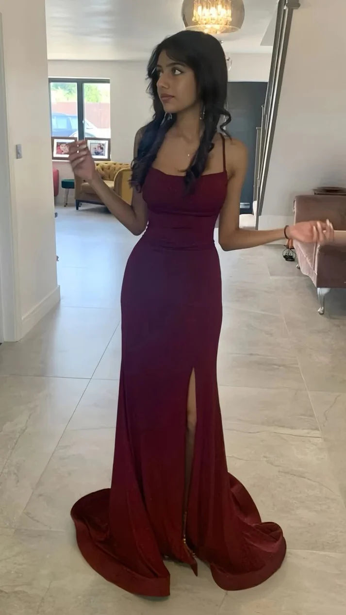 Stunning Burgundy Mermaid Spaghetti Straps Sequin Long Prom Dress Evening Dress with Slit SH3649
