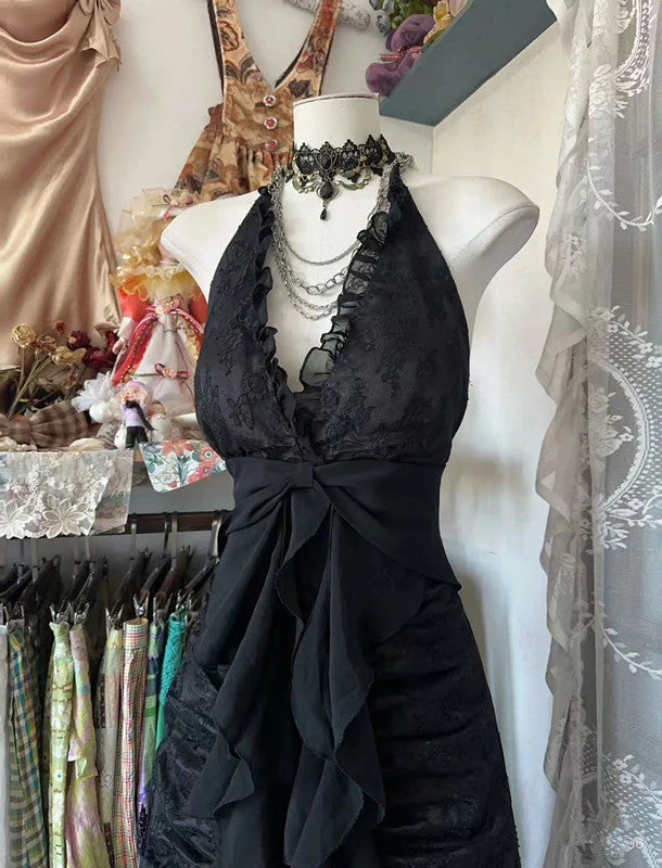 Sexy A Line Halter Black Chiffon Bow Lace Long Prom Dress Graduation Prom Dress SH2605