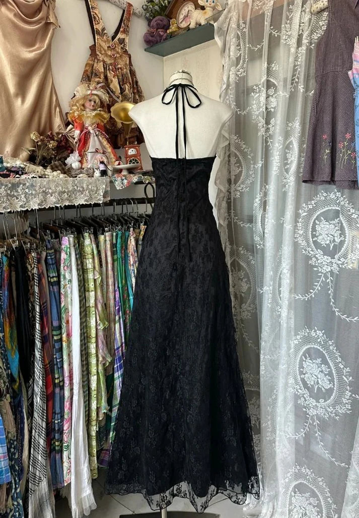 Sexy A Line Halter Black Chiffon Bow Lace Long Prom Dress Graduation Prom Dress SH2605