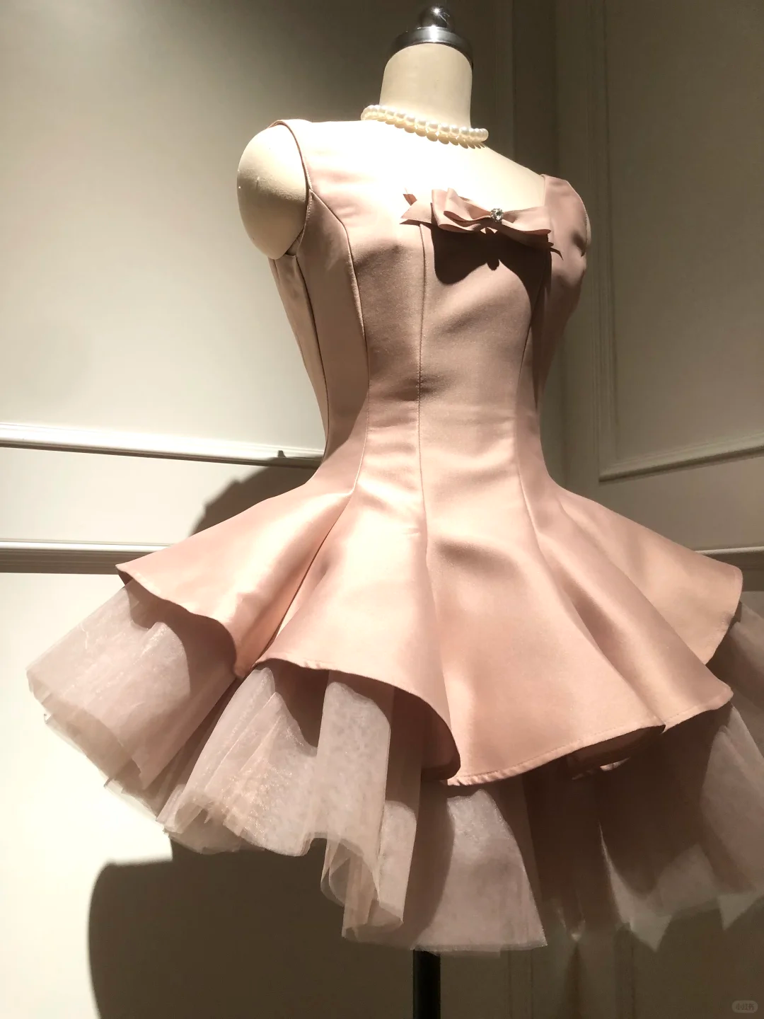 Cute A Line Strap Bow Light Pink Tulle Satin Short Homecoming Dress Cocktail Dress SH3088