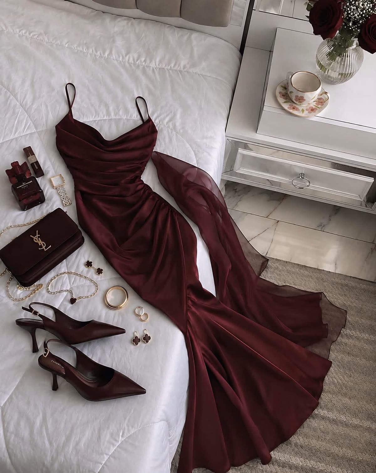 Dark Burgundy Mermaid Spaghetti Straps Pleated Satin Prom Dress Evening Dress SH6463