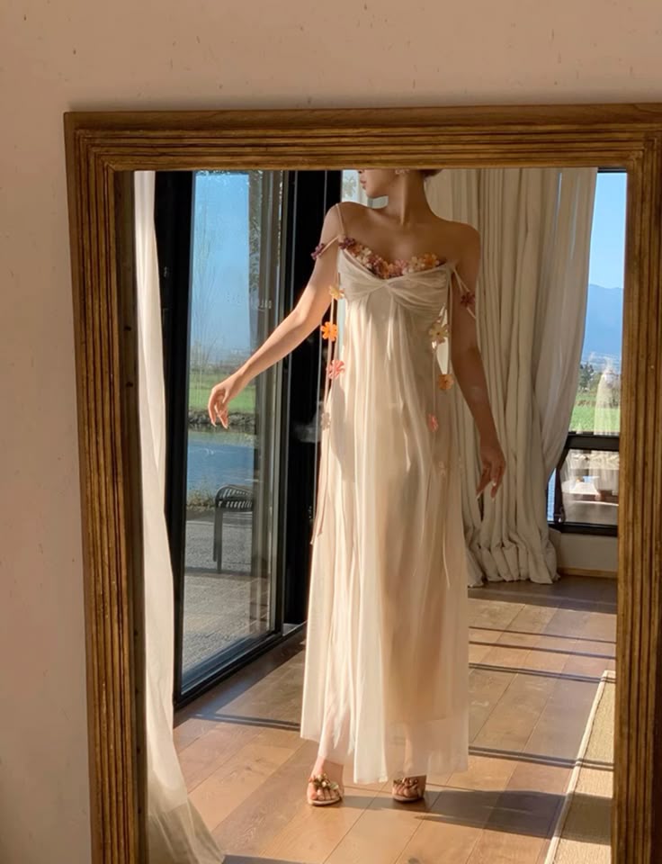 Flowy Ivory A Line Spaghetti Straps Flower Tulle Prom Dress Party Dress SH4073
