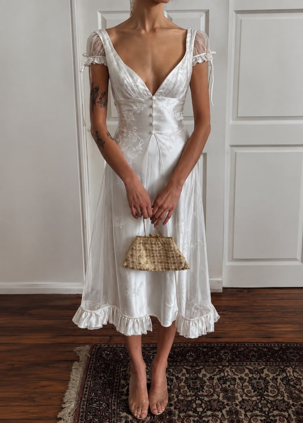 Vintage White A Line V Neck Tulle Satin Prom Dress Party Dress SH8422