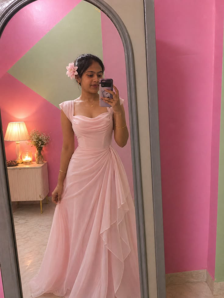 Gentle Pink A Line Straps Flowy Chiffon Prom Dress Evening Dress Date Dress SH5594