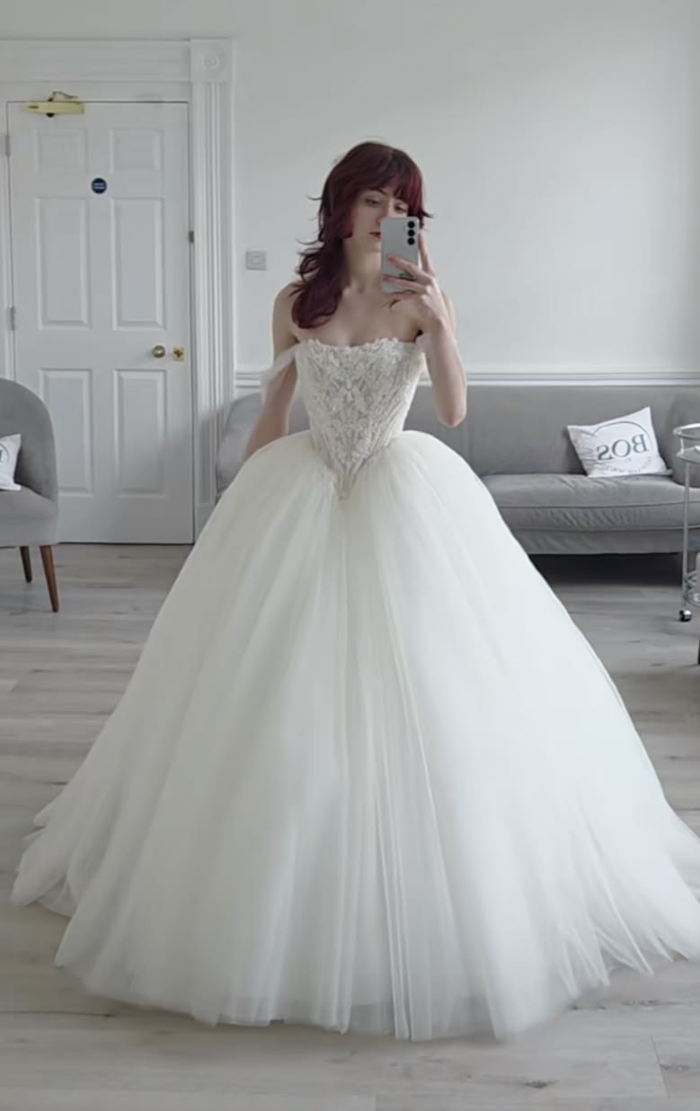 Gentle A Line Off the Shoulder White Beaded Tulle Long Wedding Dress SH8733
