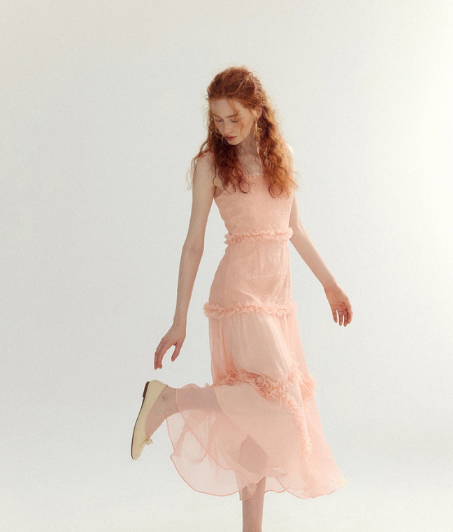 Orange-pink A Line Spaghetti Strap Lace Long Prom Dress Party Dress SH4146