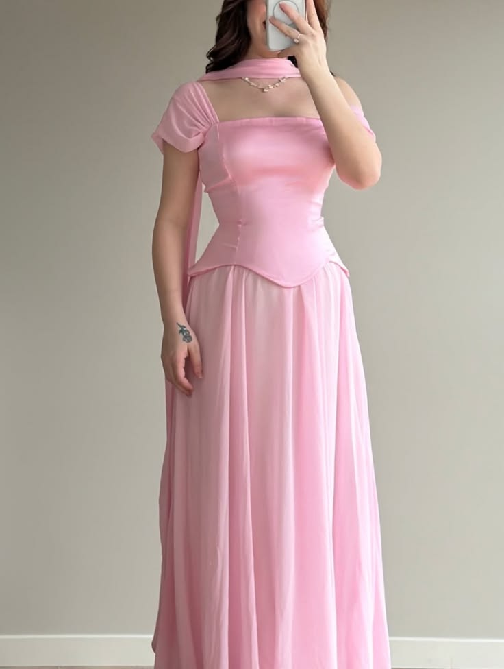 Sweety Pink A Line Straps Chiffon Satin Long Prom Dress Evening Dress SH7035