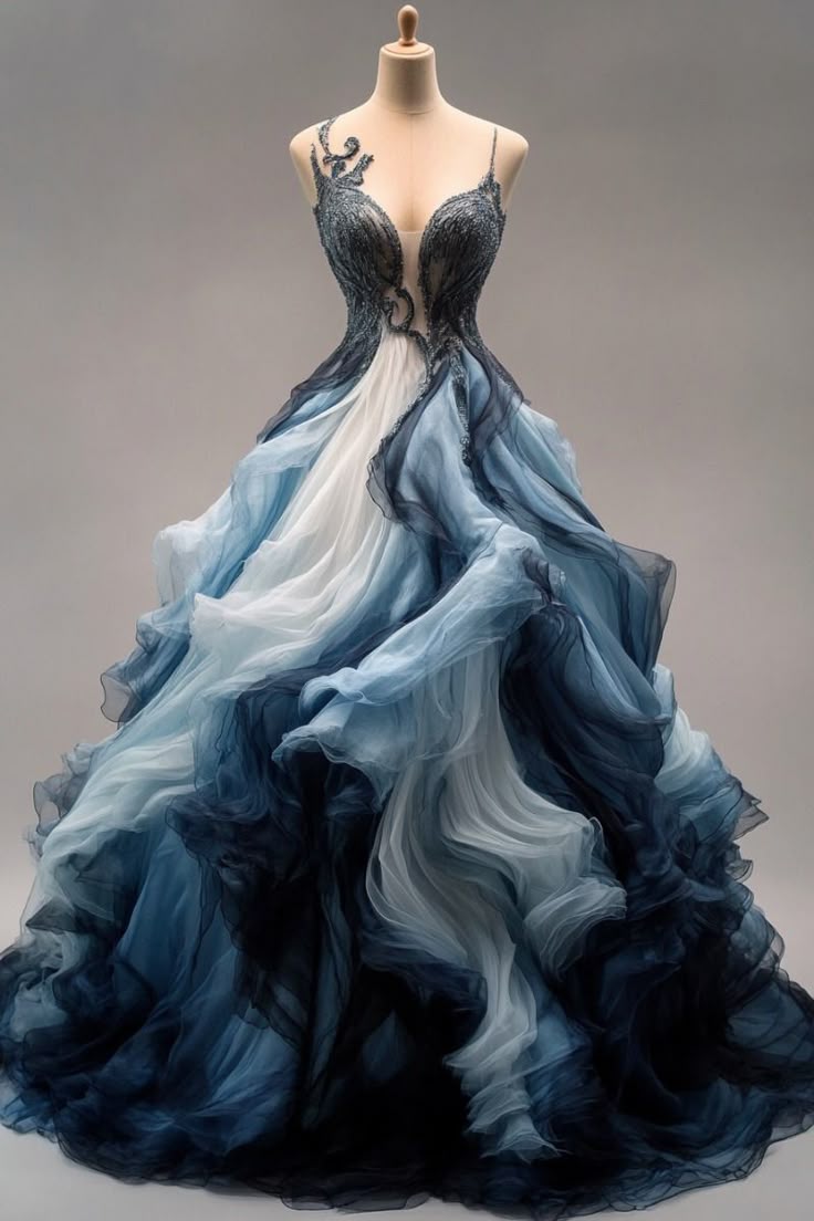 Stunning A Line Spaghetti Straps Appliques Blue Ombre Tulle Prom Dress Evening Dress SH2416