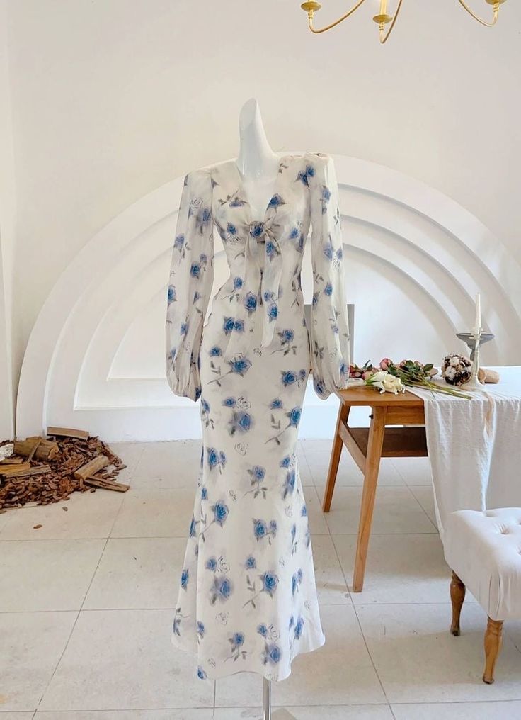 Elegant Mermaid Long Sleeve Blue Floral Chiffon Prom Dress Party Dress Outfits SH4075