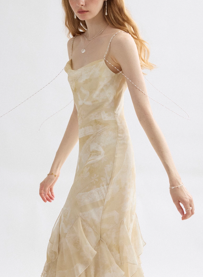 Apricot Mermaid Spaghetti Strap Ruffle Chiffon Long Prom Dress Party Dress SH4147