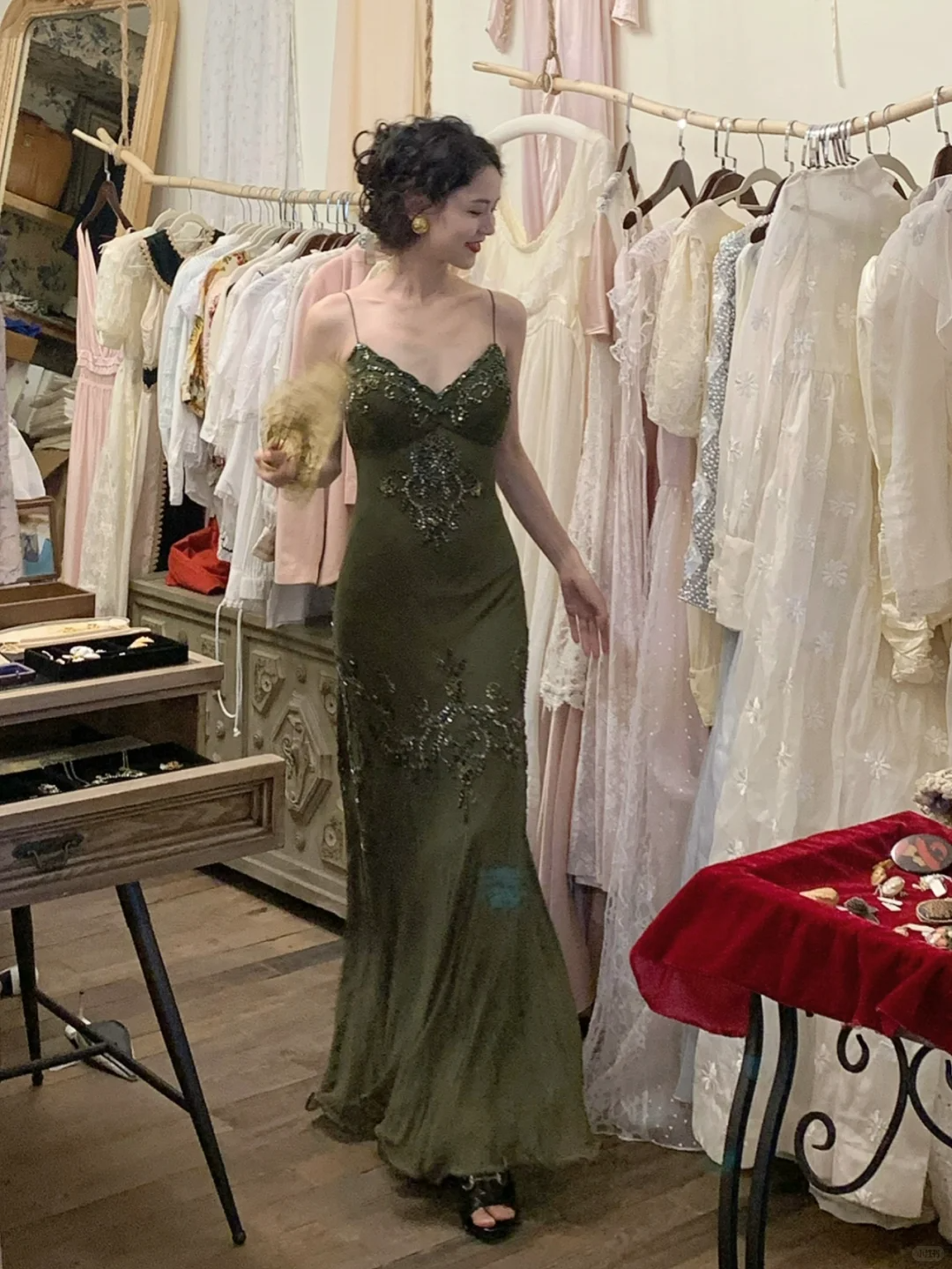 Vintage Olive Green Mermaid Spaghetti Strap Exquisite Beaded Chiffon Prom Dress 22th Birthday Dress SH4407