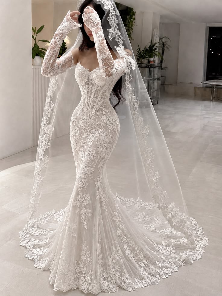 Unique Mermaid Long Sleeve Exquisite White Lace Long Wedding Dress SH8013