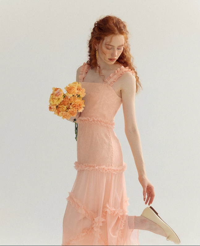 Orange-pink A Line Spaghetti Strap Lace Long Prom Dress Party Dress SH4146