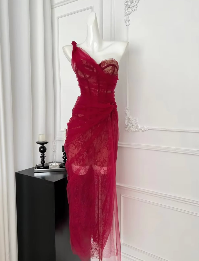 Stunning Red Sheath One Shoulder Lace Tulle Prom Dress Evening Dress Formal Gown SH3927
