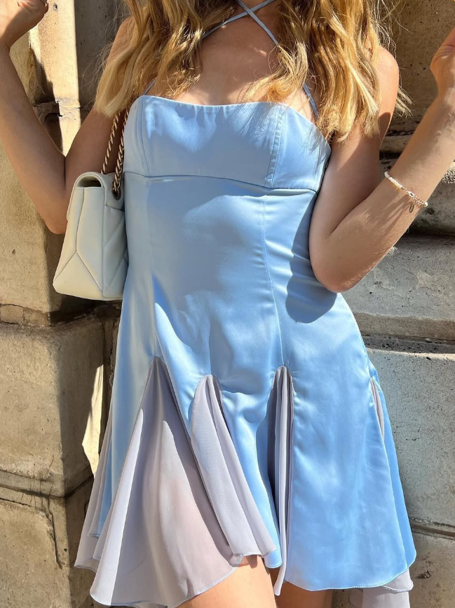 Baby Blue A Line Halter Satin Chiffon Open Back Mini Homecoming Dress SH3280