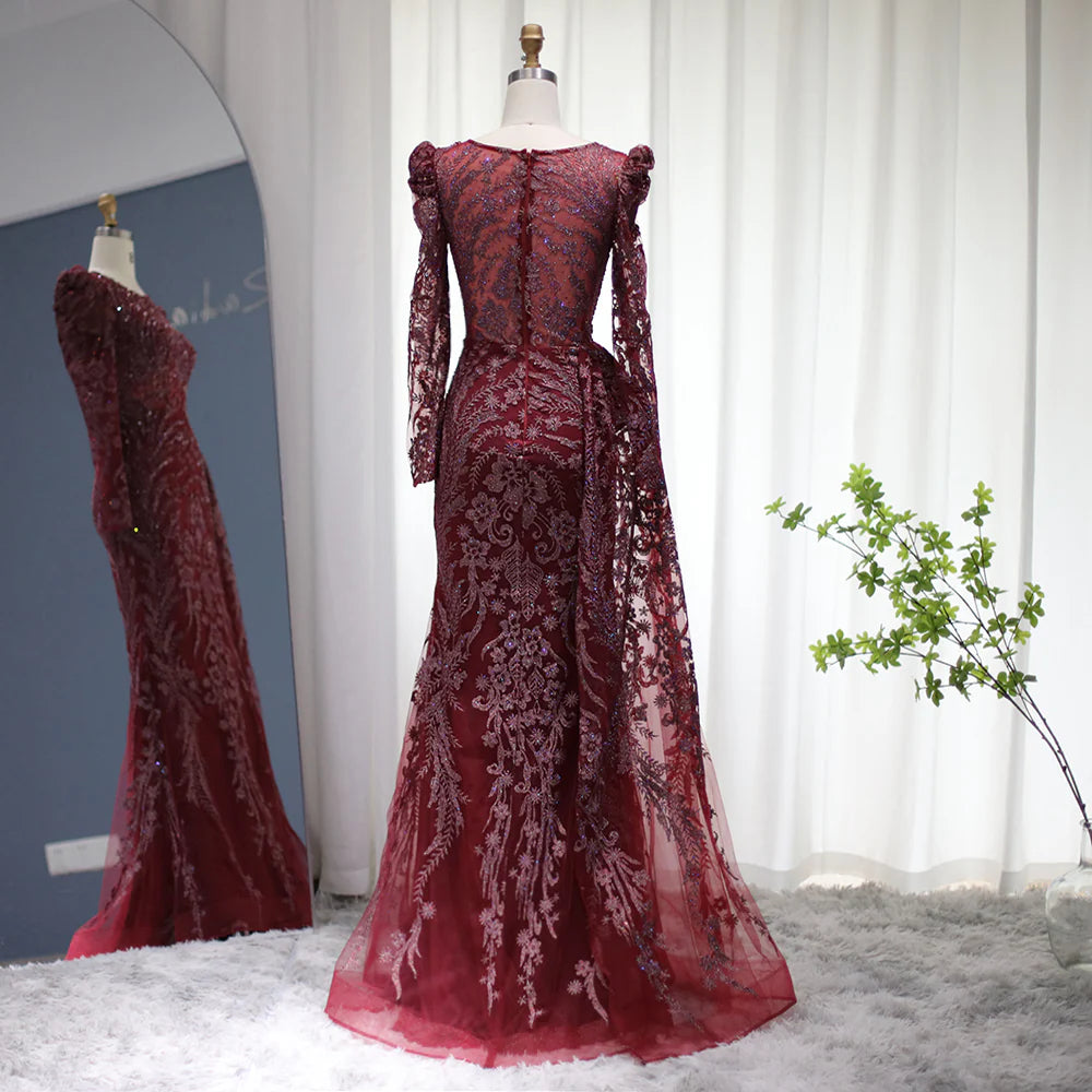Luxury Burgundy A Line Sleeve Beaded Sequins Tulle Prom Dress SH1602