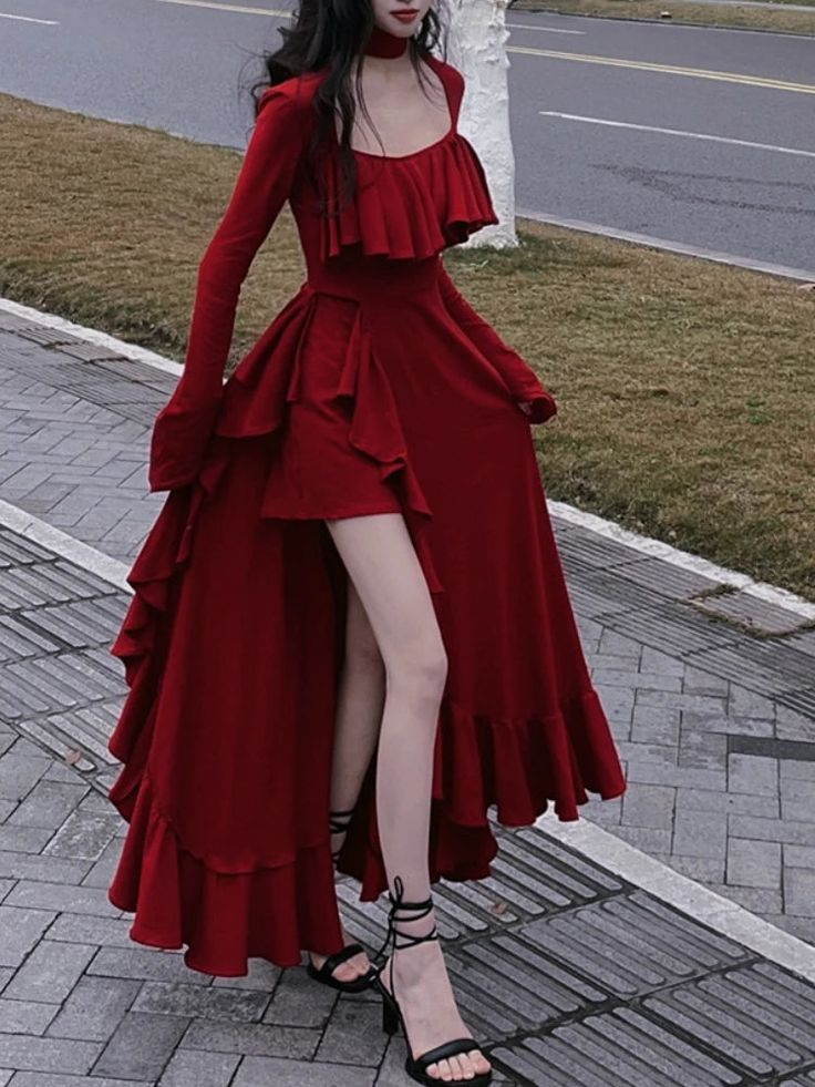 Vintage Red Prom Dress Long Irregular Evening Dress SH1329