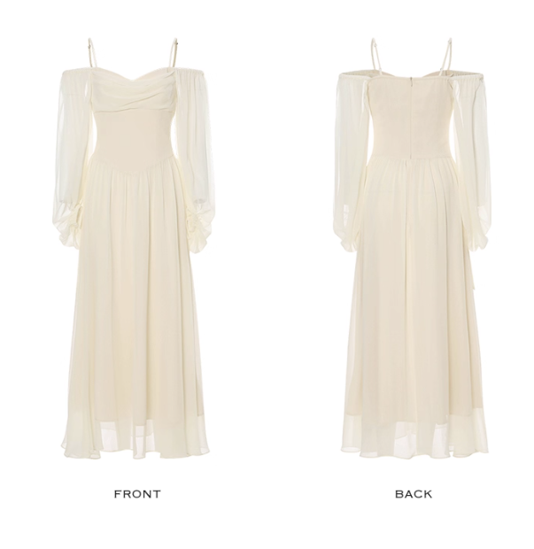 Ivory Gentle A Line Long Sleeve Chiffon Long Prom Dress Party Dress Outfits SH4149