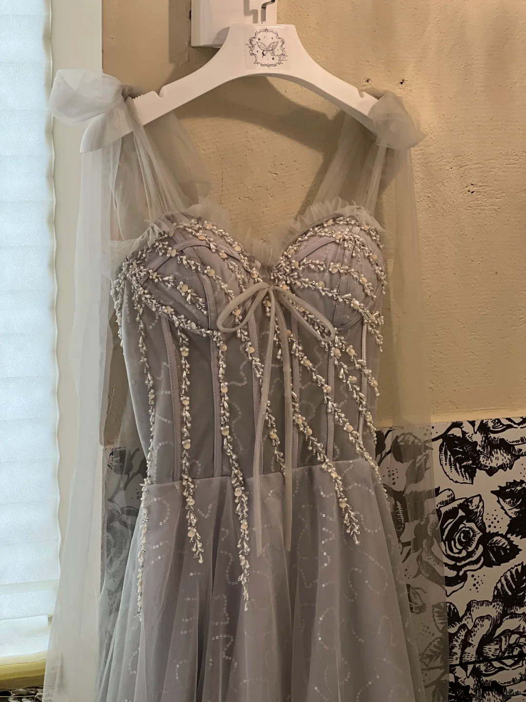 Grey A Line Spaghetti Strap Beaded Corset Tulle Prom Dress Evening Dress SH3860