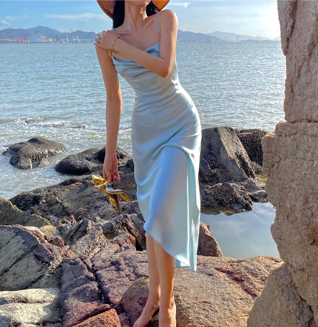 Simple Blue Sheath Spaghetti Strap Satin Open Back Prom Dress Party Dress SH4028