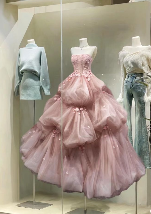 Pink Romantic A Line Strapless Appliques Layered Tulle Prom Dress Party Dress SH3298