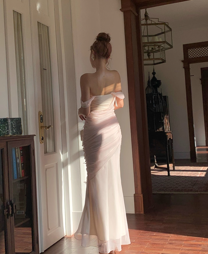 Light Pink Mermaid Off the Shoulder Butterfly Tulle Long Prom Dress Party Dress SH4037