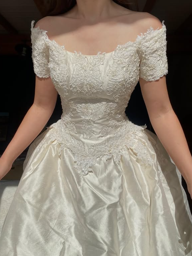 Pretty A Line Off the Shoulder Ivory Lace Satin Wedding Dress Prom Dress SH5933