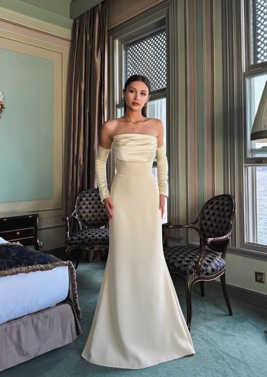 Apricot Simple Mermaid Strapless Satin Long Prom Dress Formal Dress Party Dress SH3750