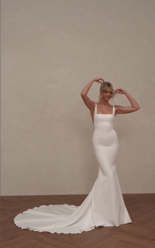 Mermaid Spaghetti Strap White Satin Long Sweep Wedding Dress Prom Dress SH4126