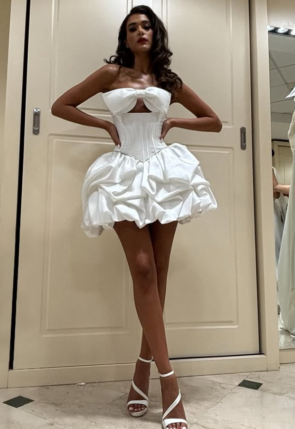 Cute A Line White Bow Pleated Satin Short Homecoming Dress SH4861