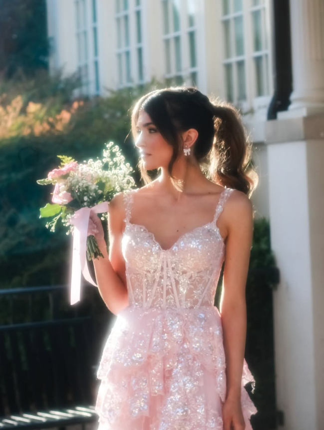 Elegant A Line Off the Shoulder Tiered Sequin Light Pink Tulle Prom Dress Evening Dress SH2385