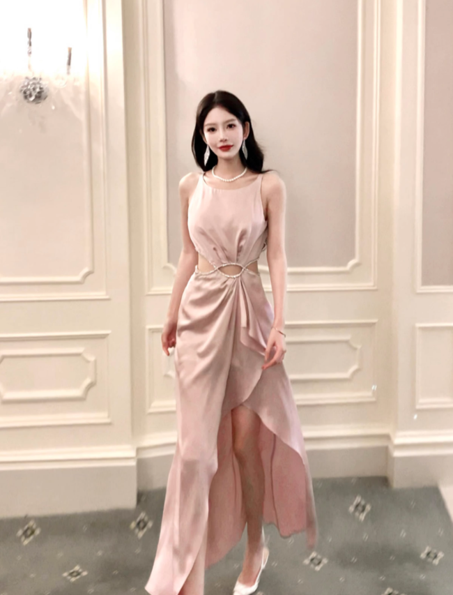 Light Pink A Line Straps Rhinestone Satin Prom Dress Evening Dress Formal Dress with Slit SH4085