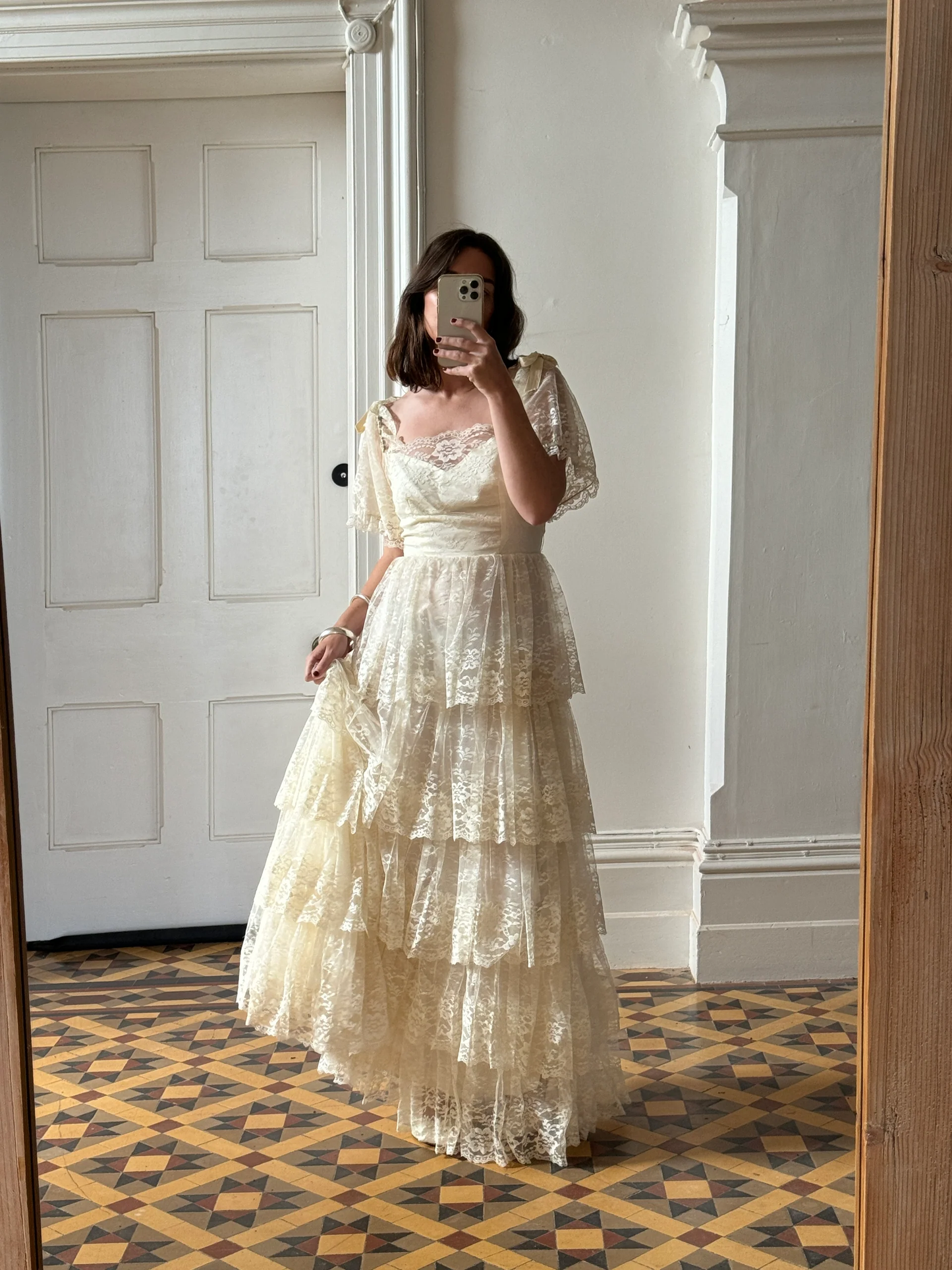 Vintage A Line Puff Layered Beige Lace Long Wedding Dress SH4426