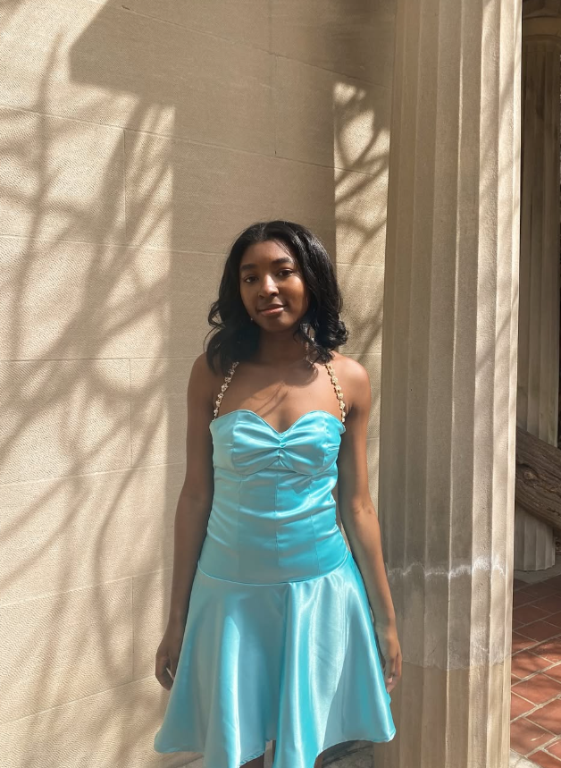 Cute Blue A Line Pearl Spaghetti Strap Satin Homecoming Dress Cocktail Dress SH4000