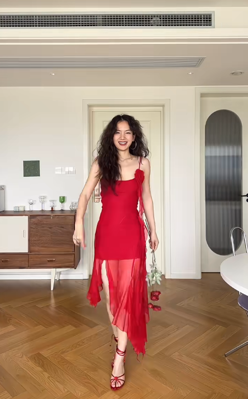 Flowy Red A Line Spaghetti Strap Chiffon Prom Dress Outfits with Slit SH4546