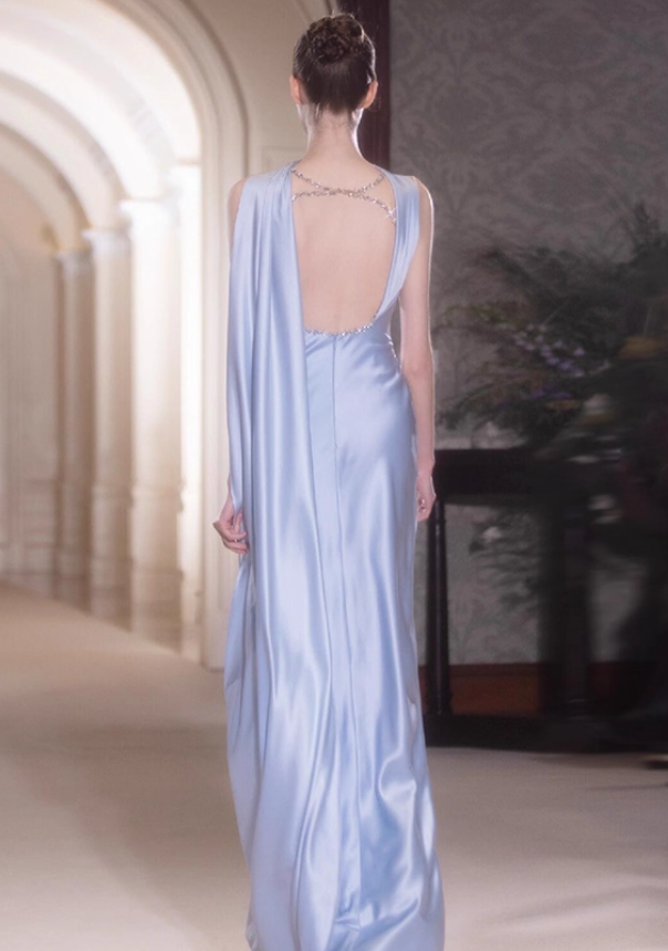 Elegant Sheath Beaded Lilac Satin Open Back Prom Dress Party Dress SH4078