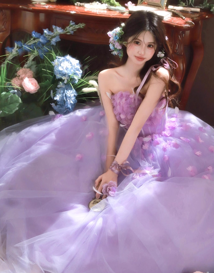 Purple Ball Gown Strapless Corset Floral Tulle Prom Dress 16th Birthday Dress SH4053