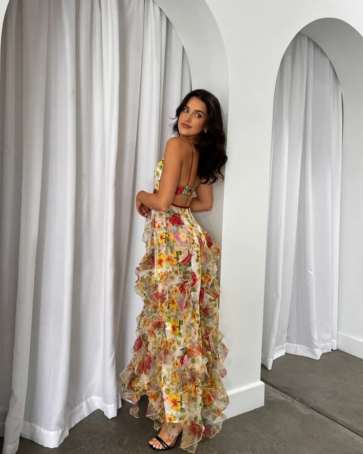 Stunning Print Floral A Line Straps Ruffle Chiffon Prom Dress Party Dress SH4019