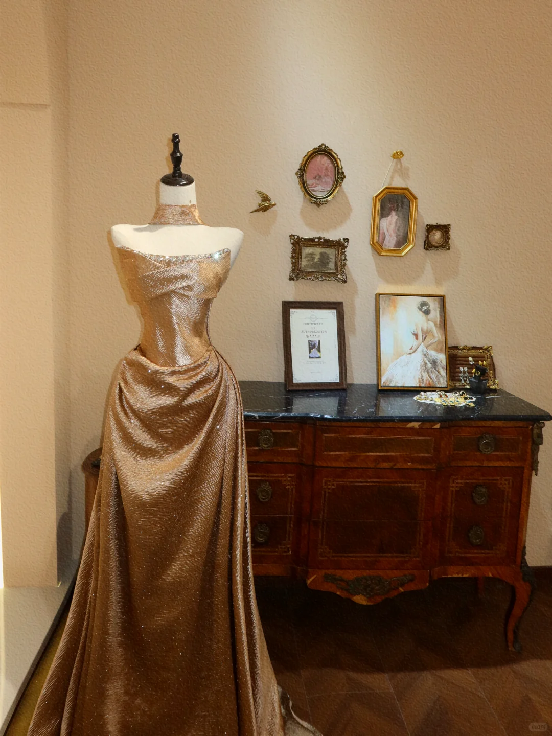 Gold-brown A Line Strapless Beaded Satin Long Prom Dress Evening Dress SH7389