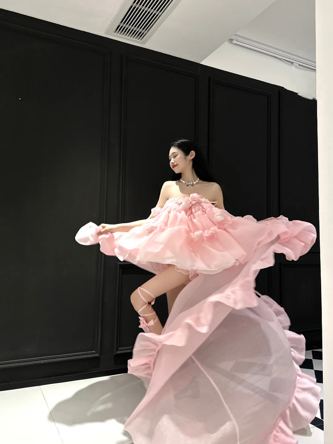 Cute A Line Strapless Floral Pink Organza Long Sweep Prom Dress Party Dress SH3399