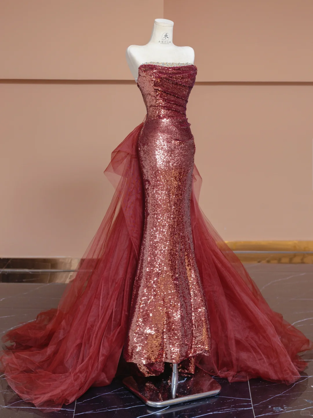 Shiny Mermaid Strapless Red Sequin Tulle Long Prom Dress Party Dress SH4366