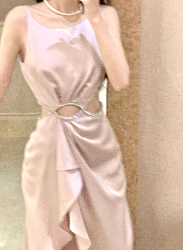 Light Pink A Line Straps Rhinestone Satin Prom Dress Evening Dress Formal Dress with Slit SH4085