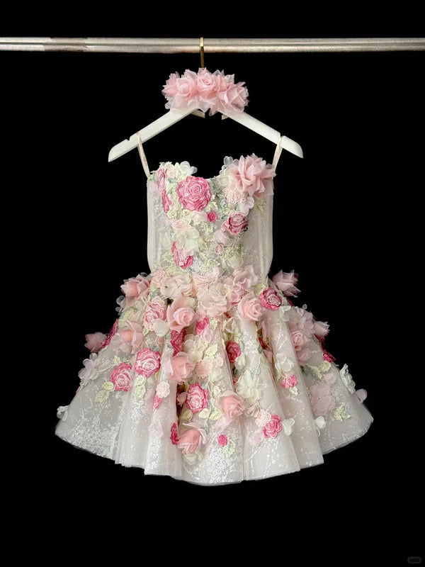 Pink Flower A Line Sweetheart Neck Sequin Tulle Mini Homecoming Dress Cocktail Dress SH3699