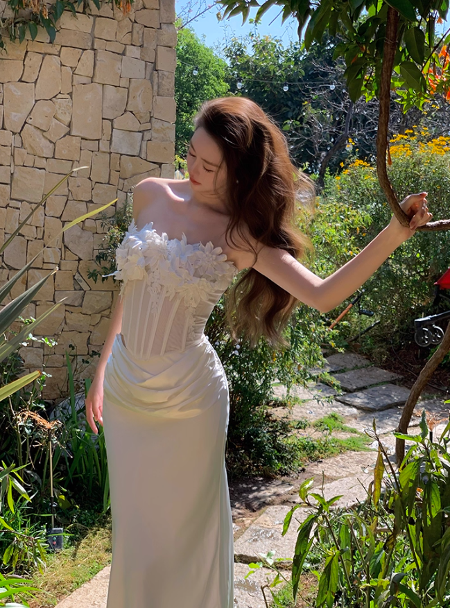 White Sheath Strapless Appliques Tulle Satin Prom Dress Formal Dress SH4169