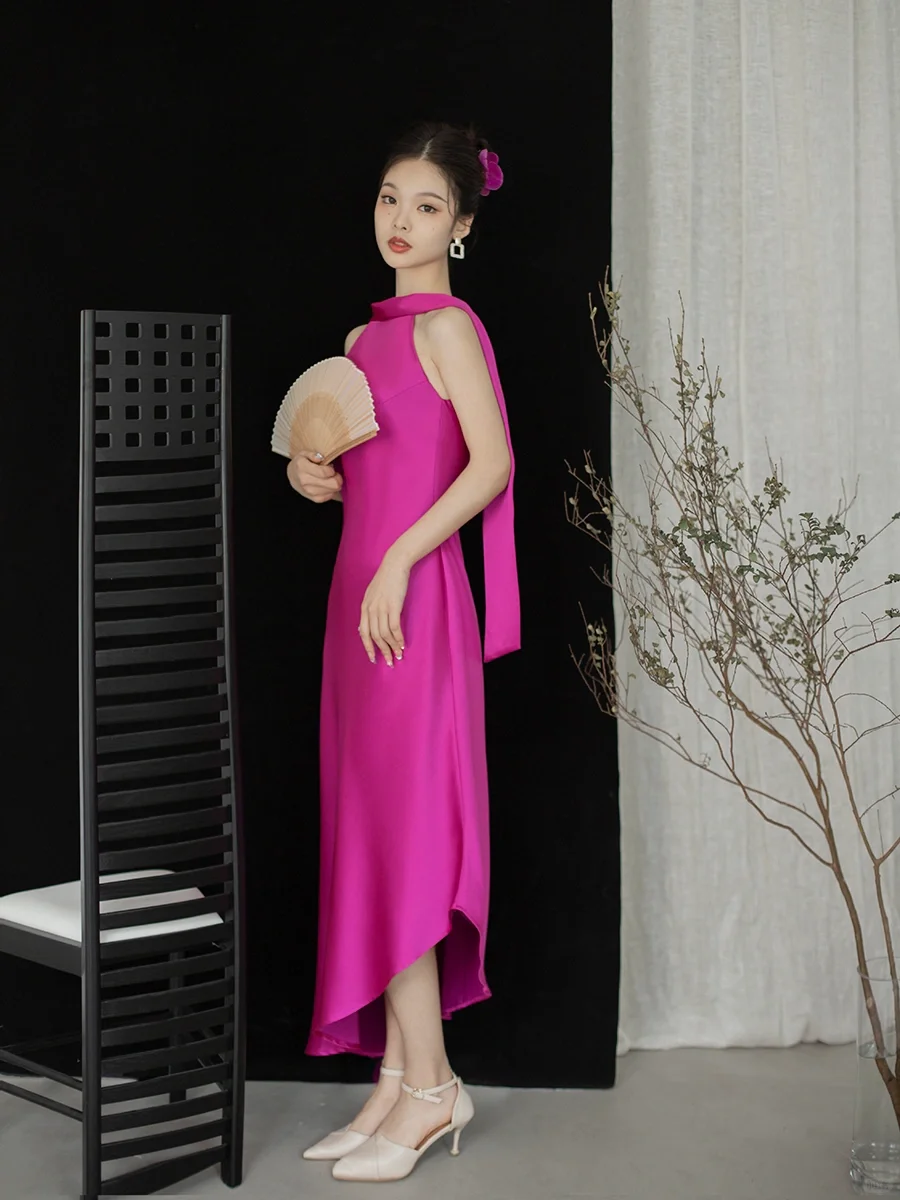 Simple Bright Pink A Line Spaghetti Strap Satin Prom Dress Evening Dress SH4211