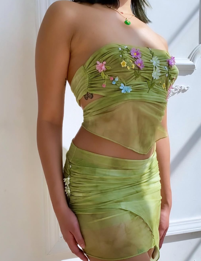 Fairy Two Piece Strapless 3D Floral Green Chiffon Short Party Dress Homecoming Dress SH2001