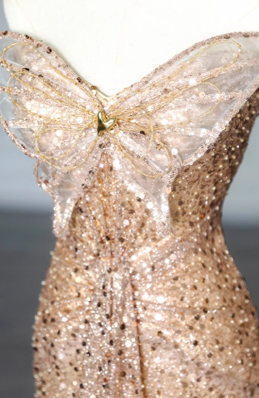Golden Butterfly Mermaid Strapless Sequin Prom Dress Party Dress SH4076