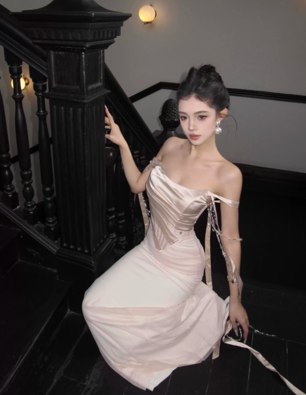 Apricot Gentle Mermaid Off the Shoulder Satin Prom Dress Evening Dress SH3762