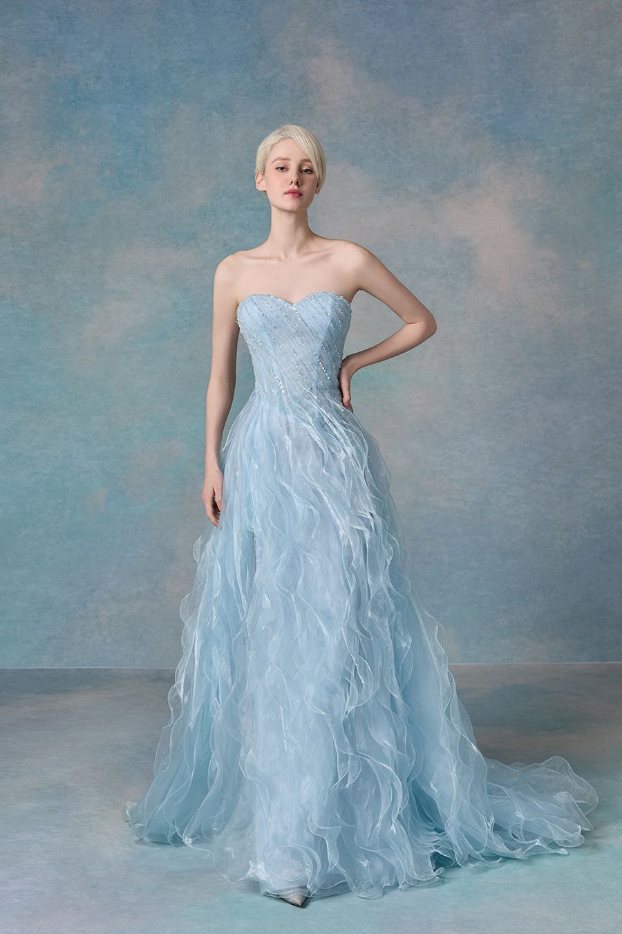 Dreamy Blue A Line Sweetheart Neck Beaded Ruffle Organza Prom Dress 16th Birthday Dress SH4201
