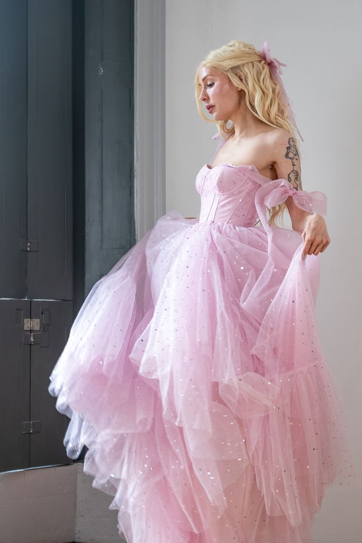 Star Sequin Pink A Line Straps Layered Tulle Date Dress Prom Dress Evening Dress SH3889